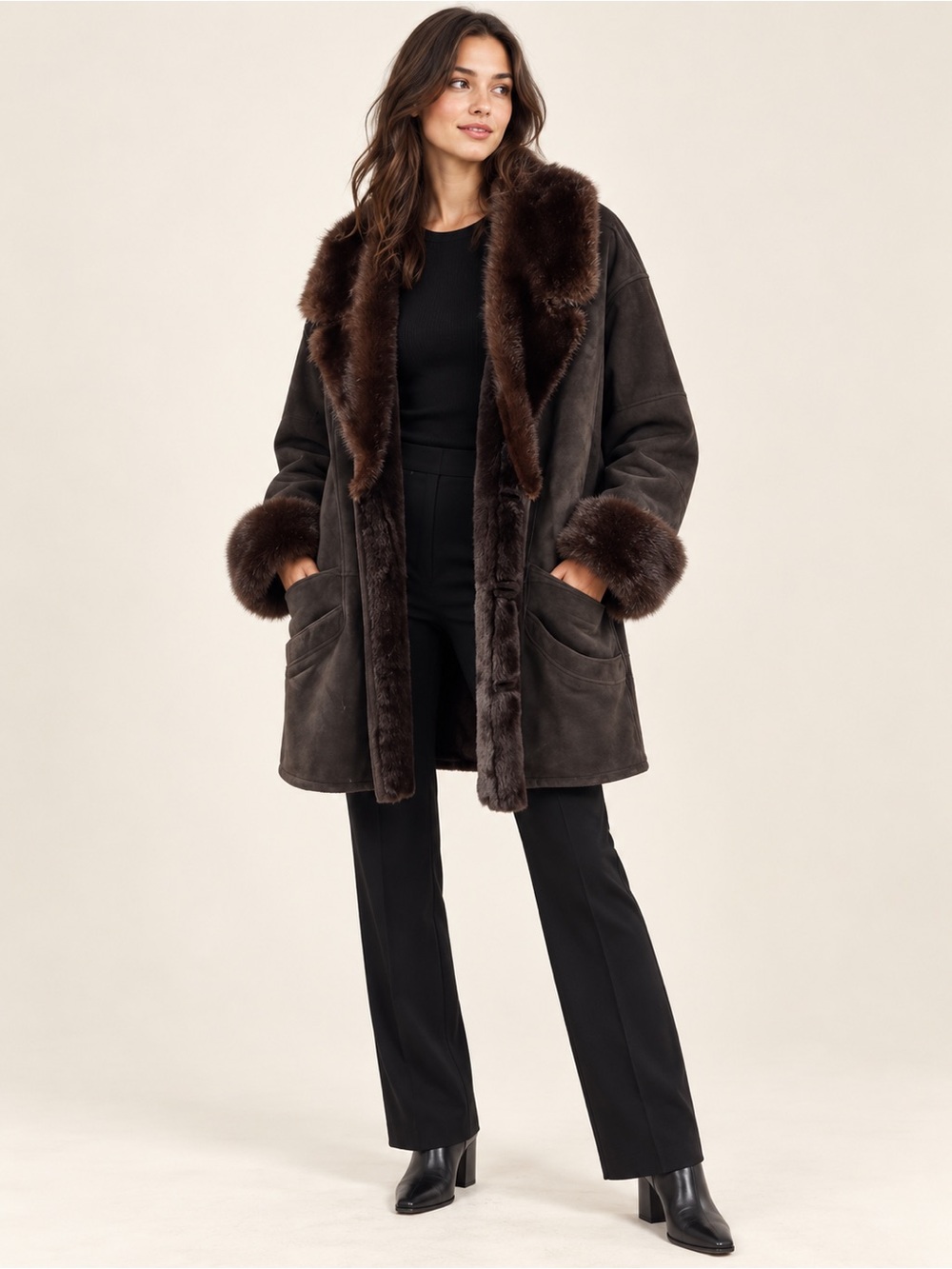 VINTAGE CHOCOLATE BROWN SHEARLING FUR COAT *NO BUTTONS